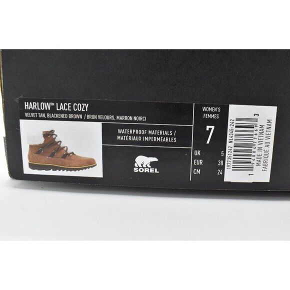 Sorel Womens Size 7 Harlow Lace Cozy Velvet Tan Blackened Brown Waterproof Boots - Picture 12 of 12